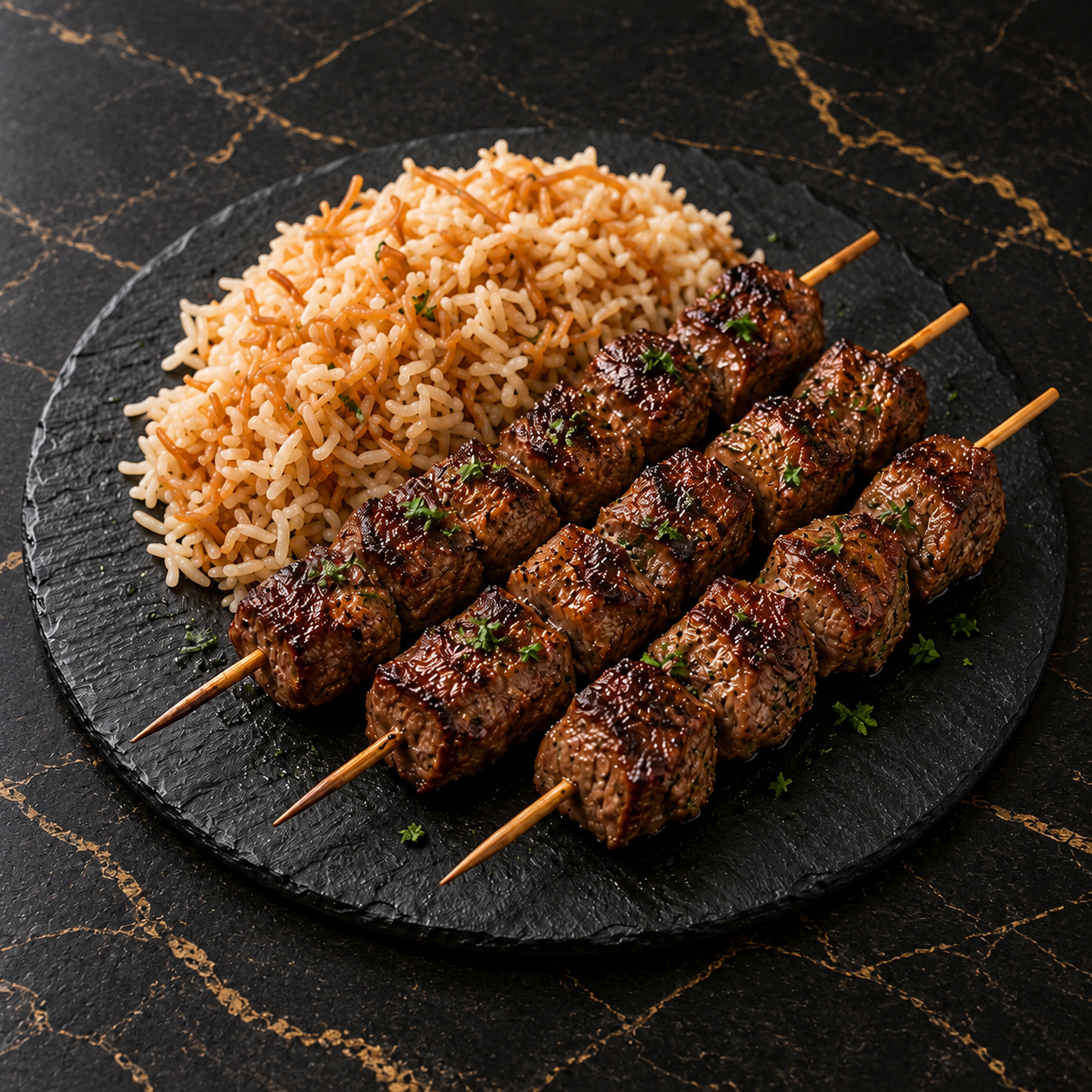 Trois brochettes d’agneau avec riz et coriandre