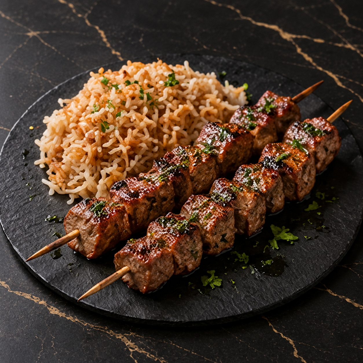 Deux brochettes d’agneau accompagnées de riz vermicelles