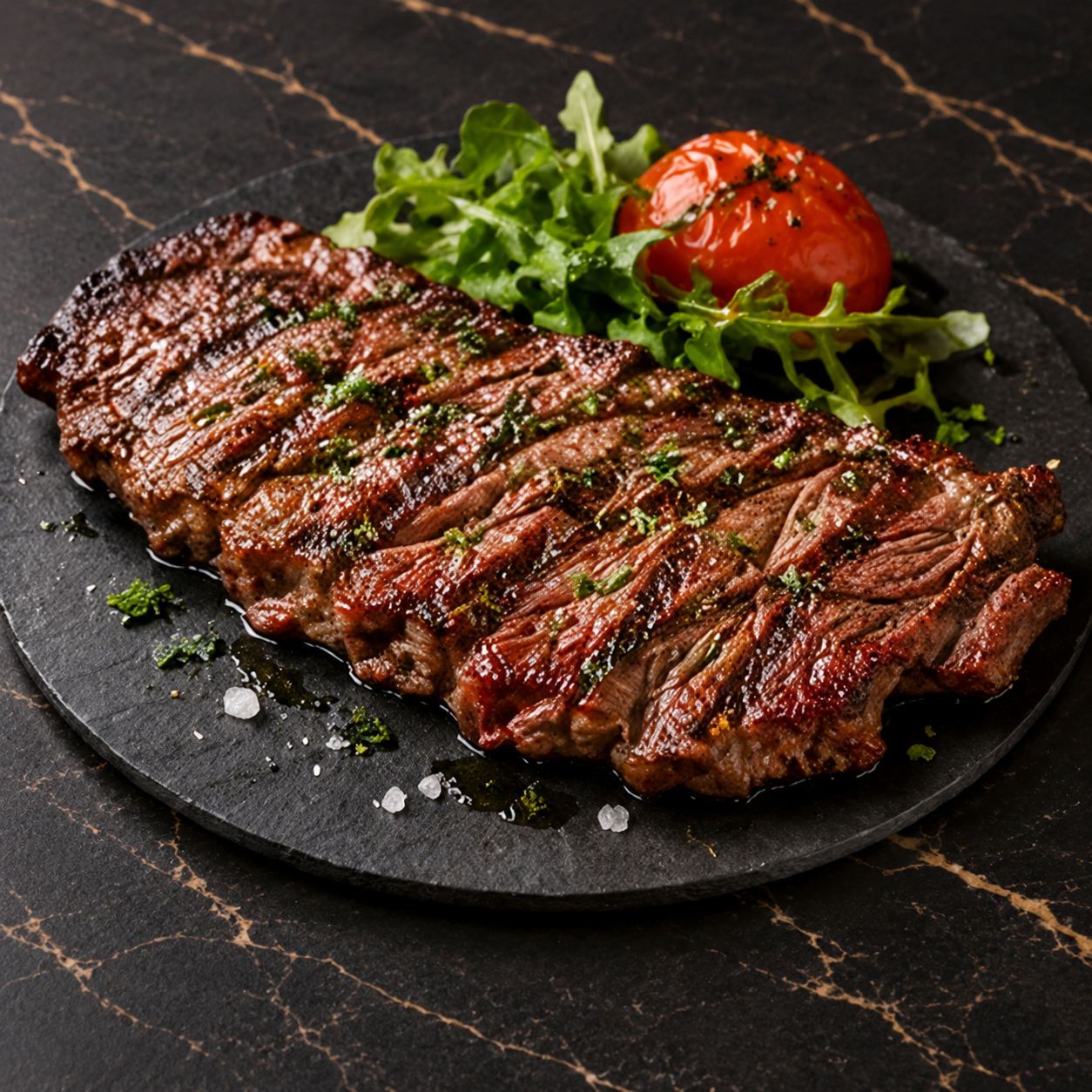 Bavette grillée sur une assiette noire