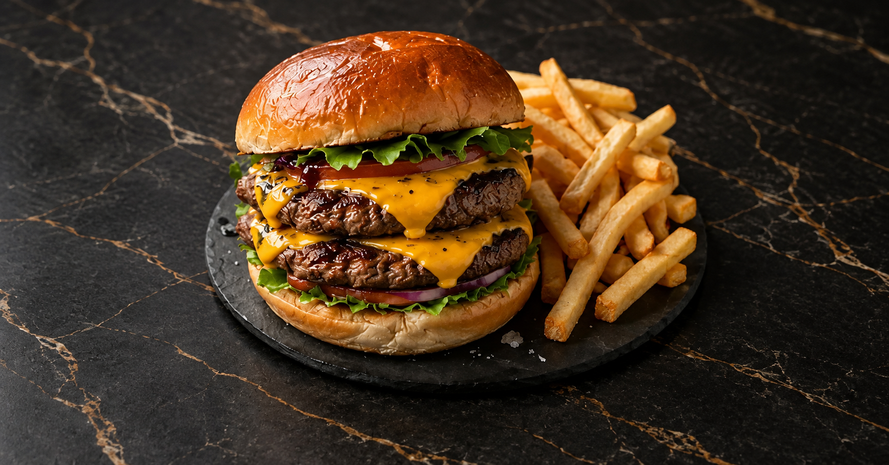 Burger avec deux steaks de bœuf, cheddar, salade, tomates, oignons et frites