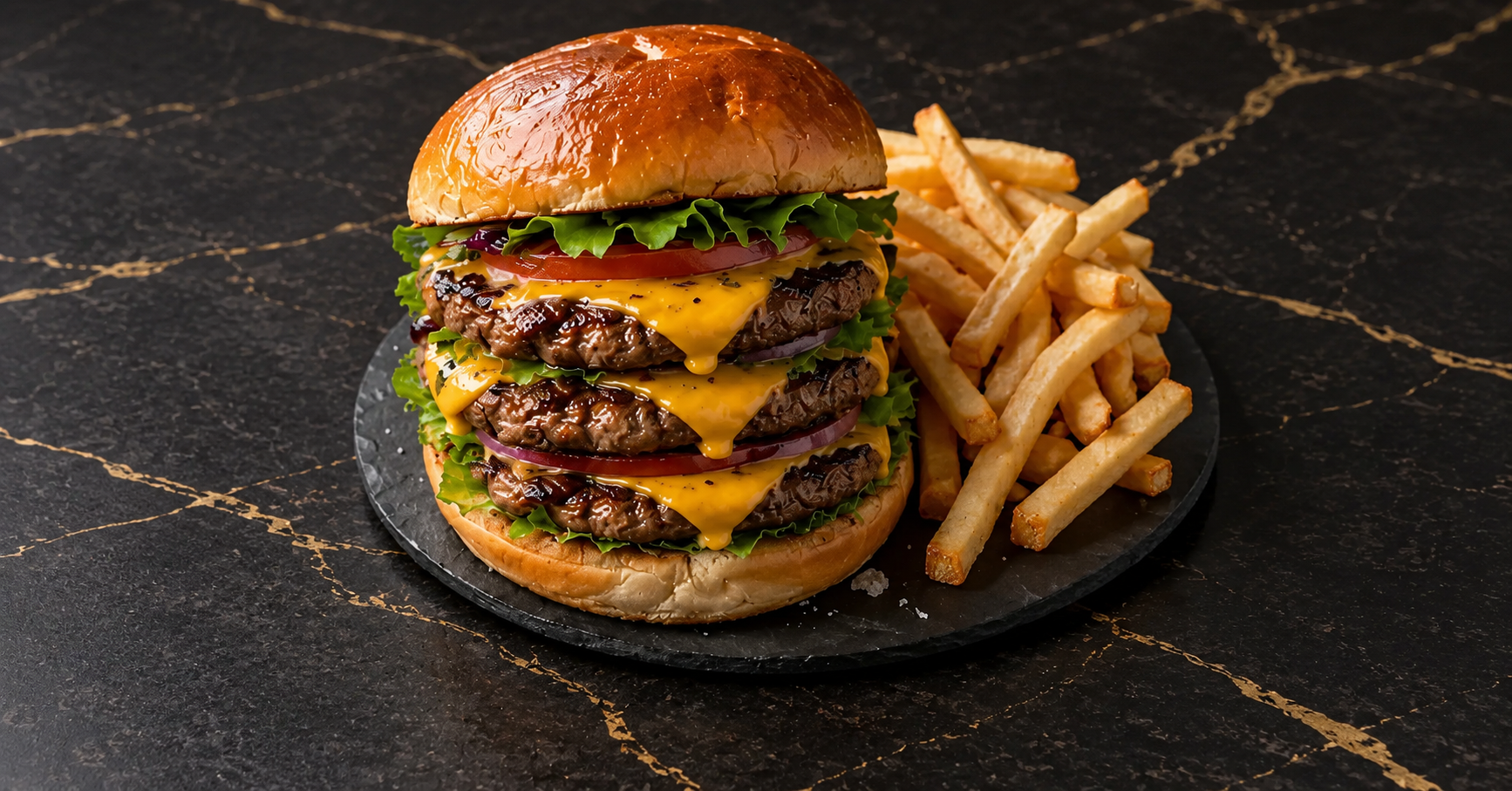 Burger avec trois steaks de bœuf, cheddar, salade, tomates, oignons et frites