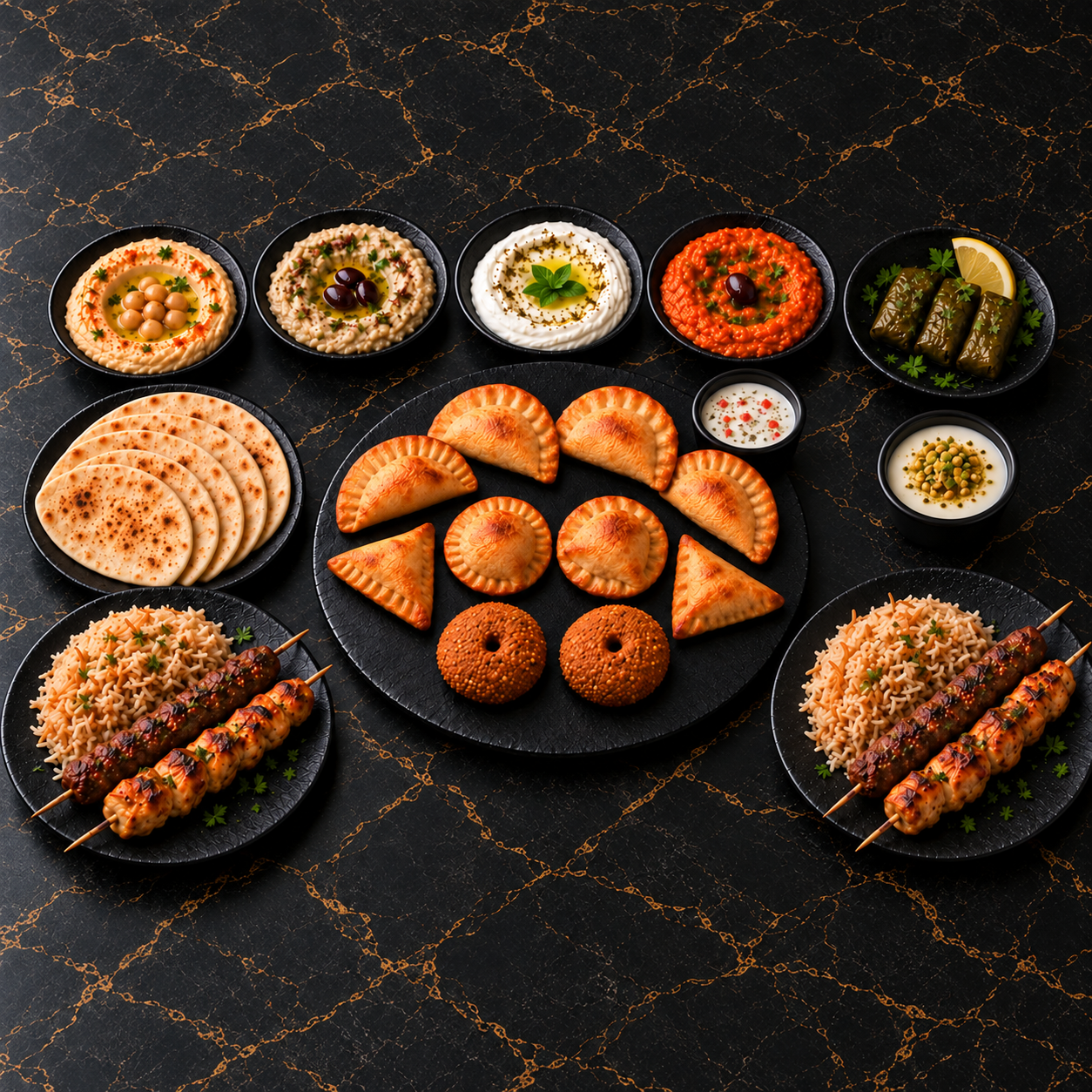 Menu Duo du chef avec mezzés, trois feuilles de vigne, brochettes et riz