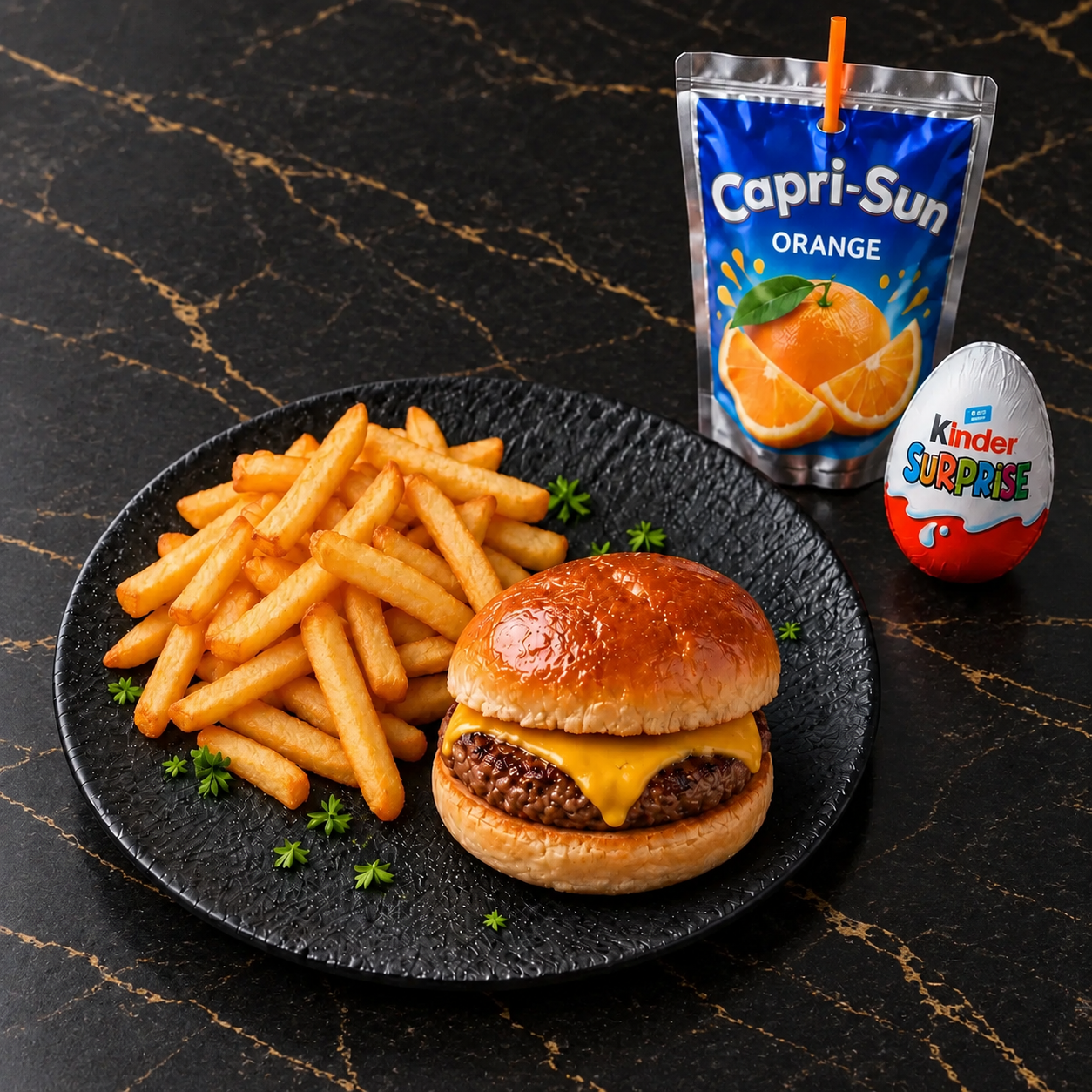 Menu Enfant Burger au cheddar sans oignons, tomates ni salade, avec frites, Capri-Sun et Kinder Surprise