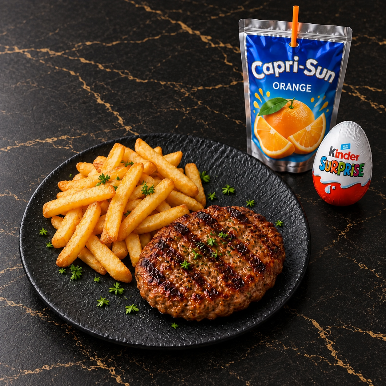 Menu Enfant Steak haché avec frites, Capri-Sun et Kinder Surprise