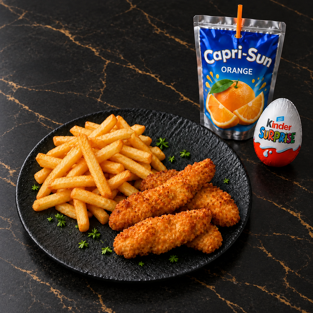 Menu Enfant Tenders de poulet avec frites, Capri-Sun et Kinder Surprise