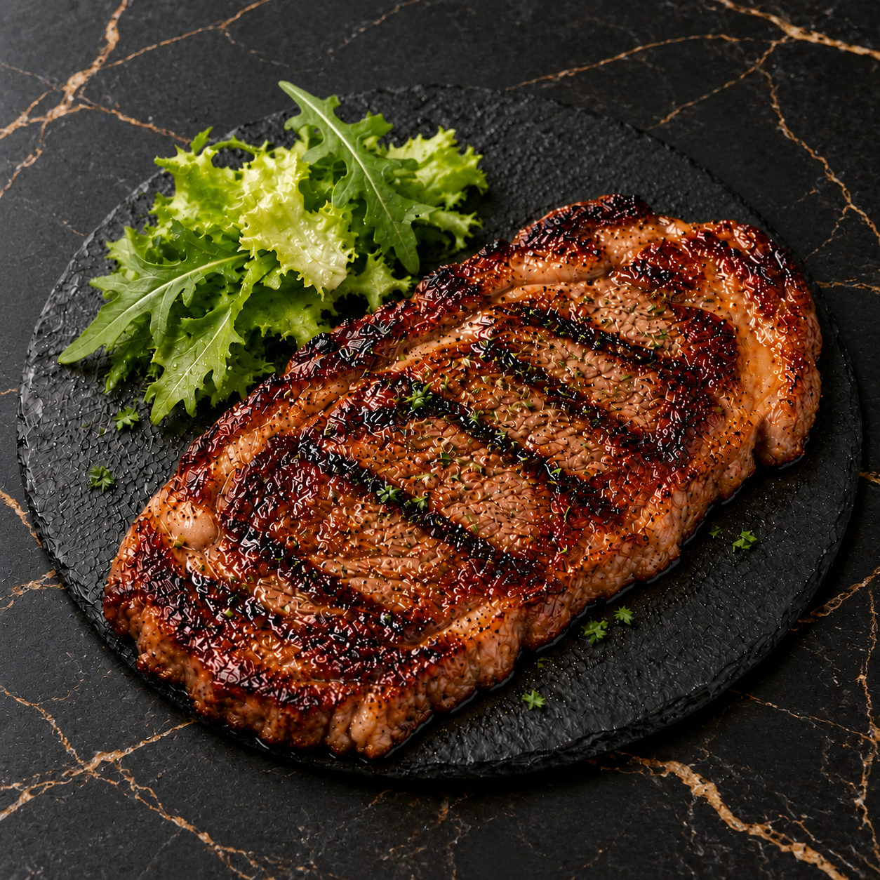 Entrecôte allongée avec un peu de salade verte, sans frites