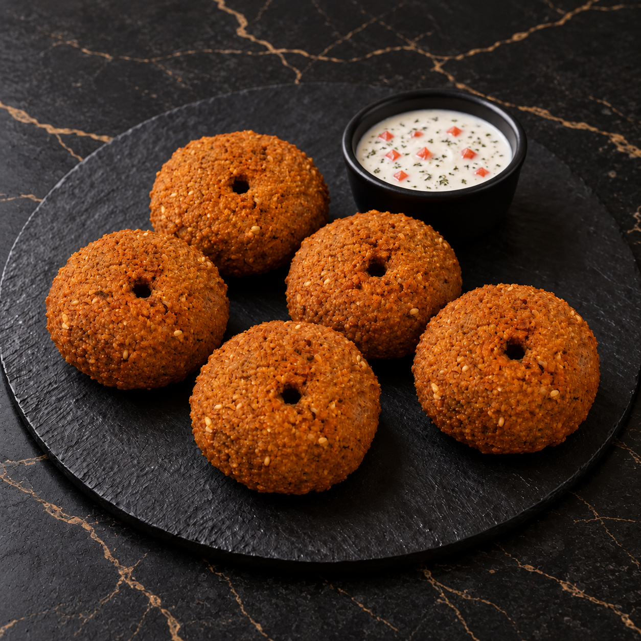 Cinq falafels avec sauce blanche, menthe séchée et dés de tomate