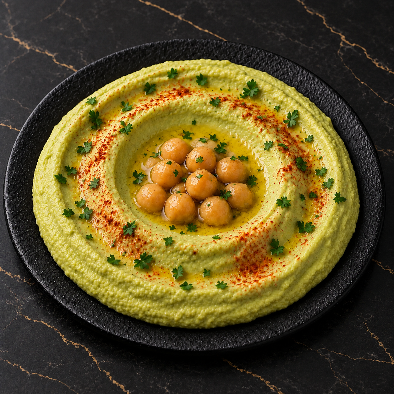 Hommos à l’avocat dans une assiette noire