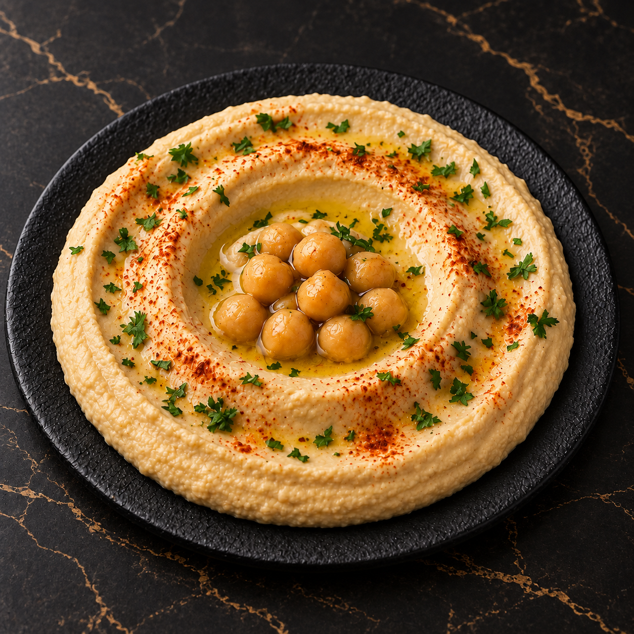 Hommos libanais dans une assiette noire