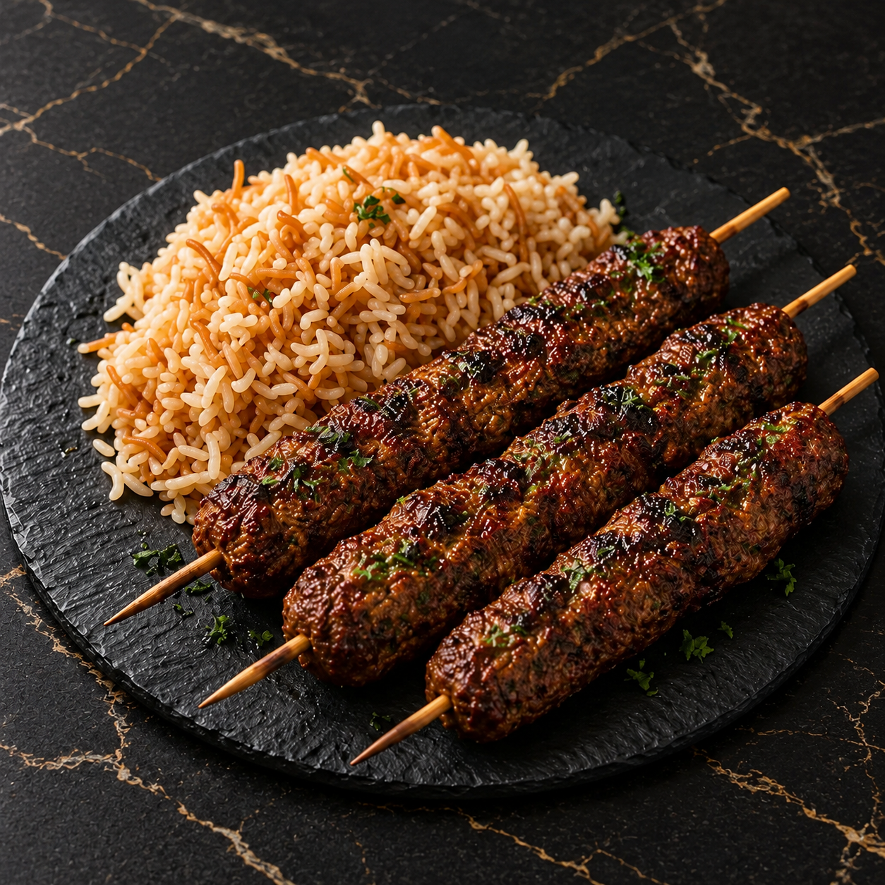 Trois brochettes de kafta avec riz et coriandre