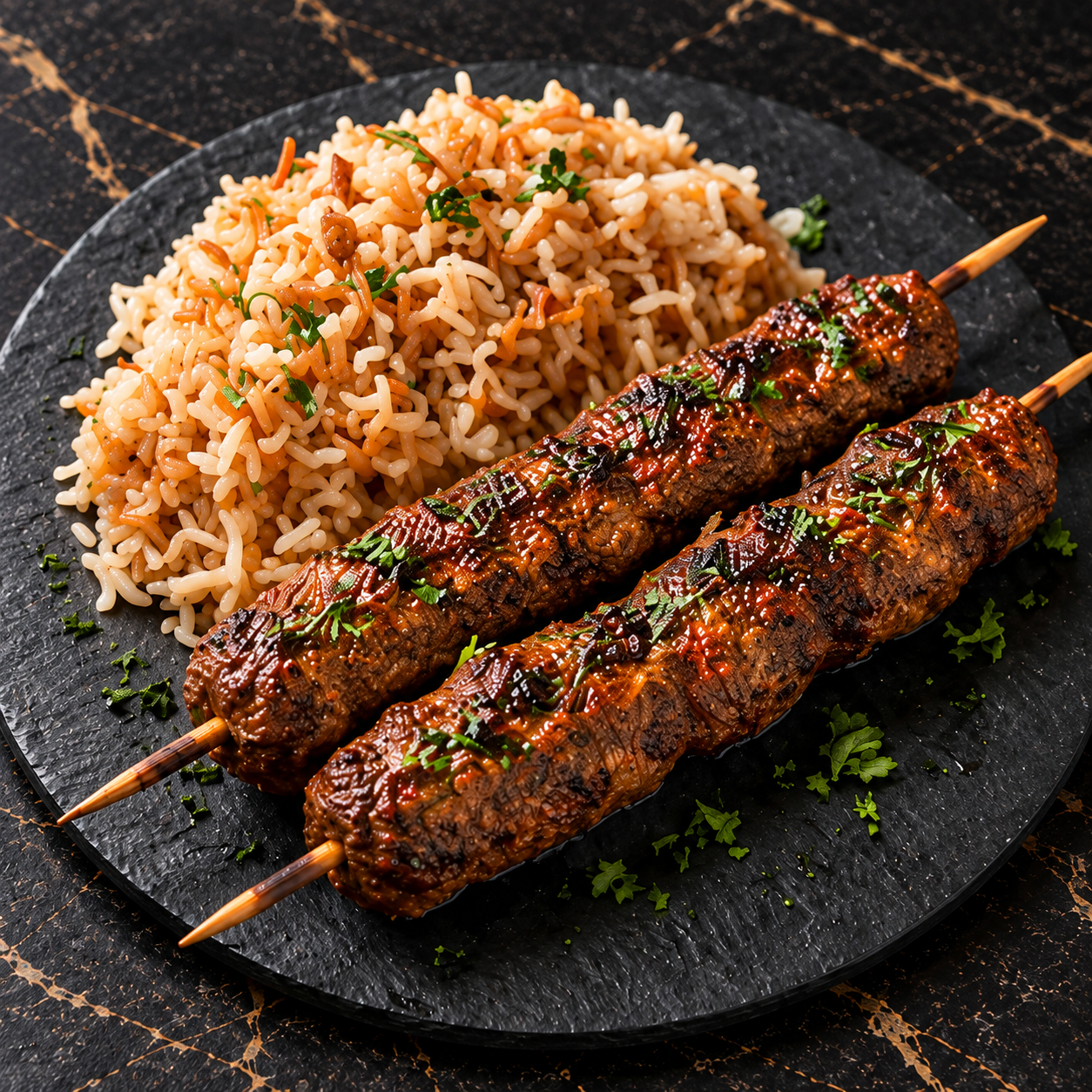 Deux brochettes de kafta accompagnées de riz vermicelles