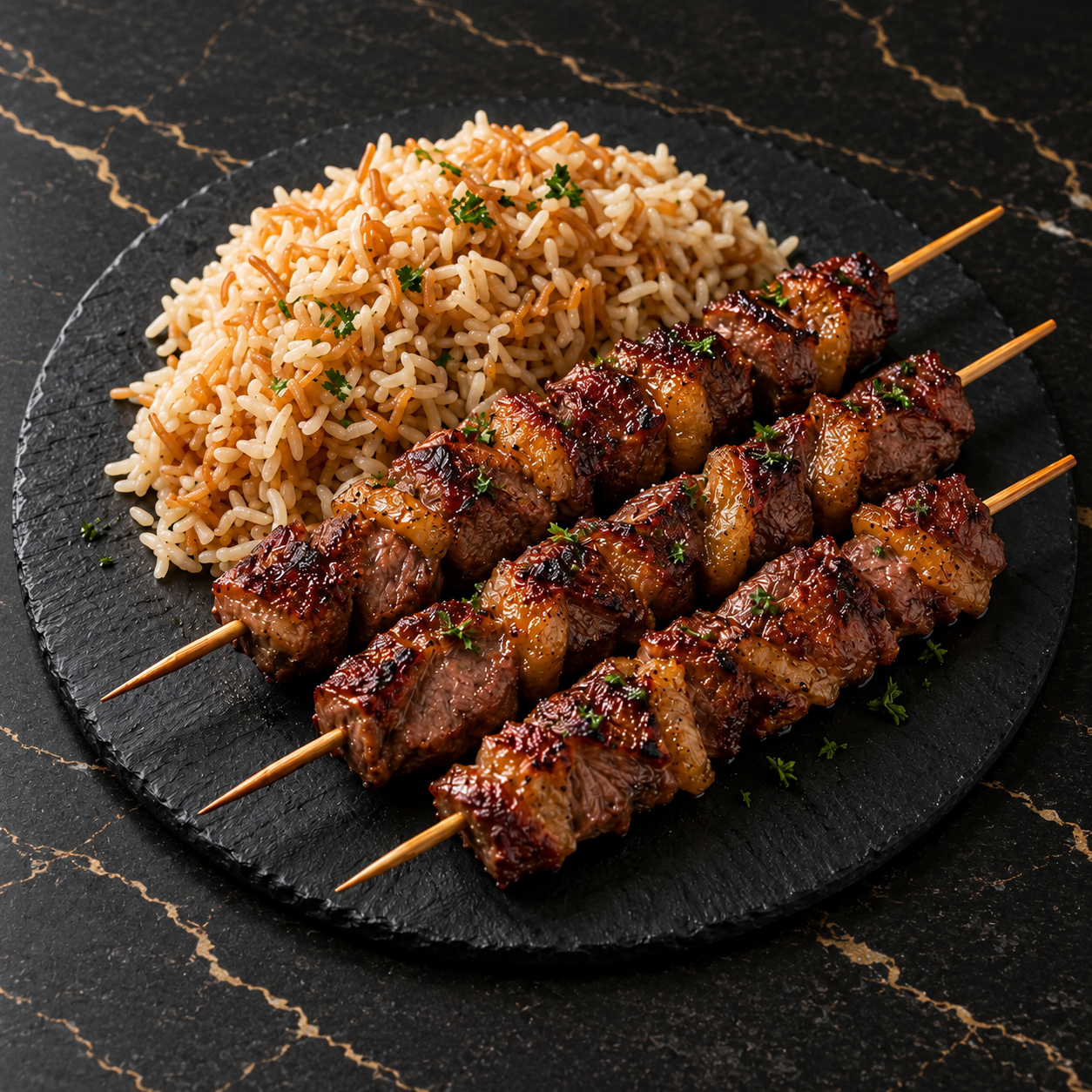 Trois brochettes de magret de canard avec riz