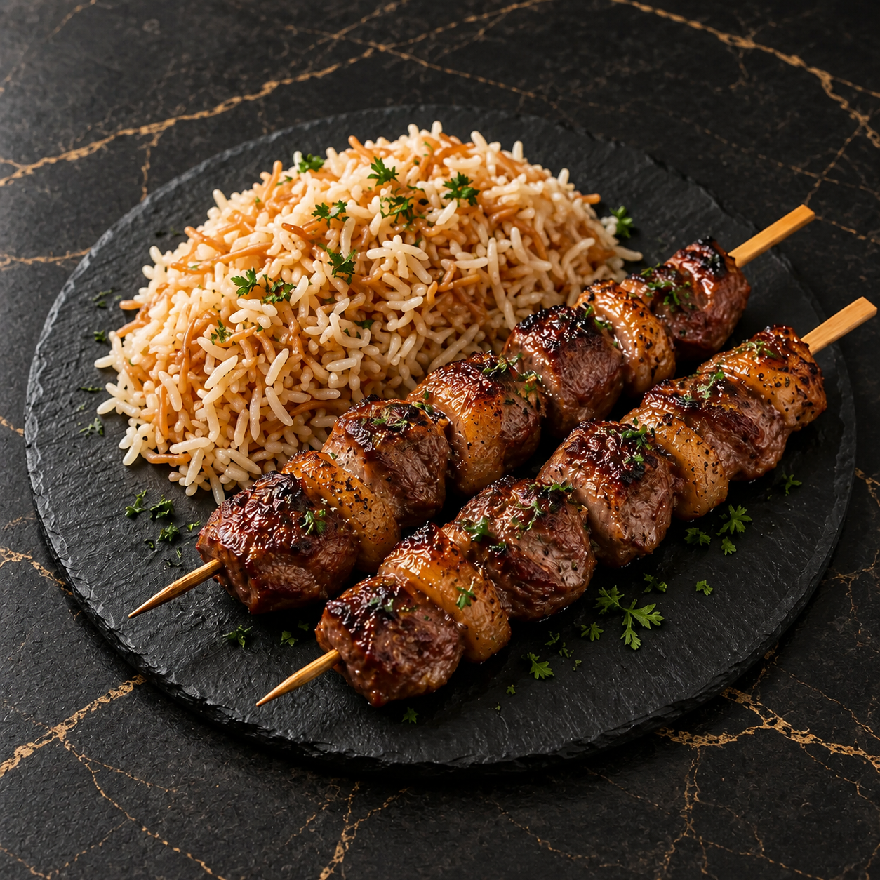 Deux brochettes de magret de canard avec riz et coriandre