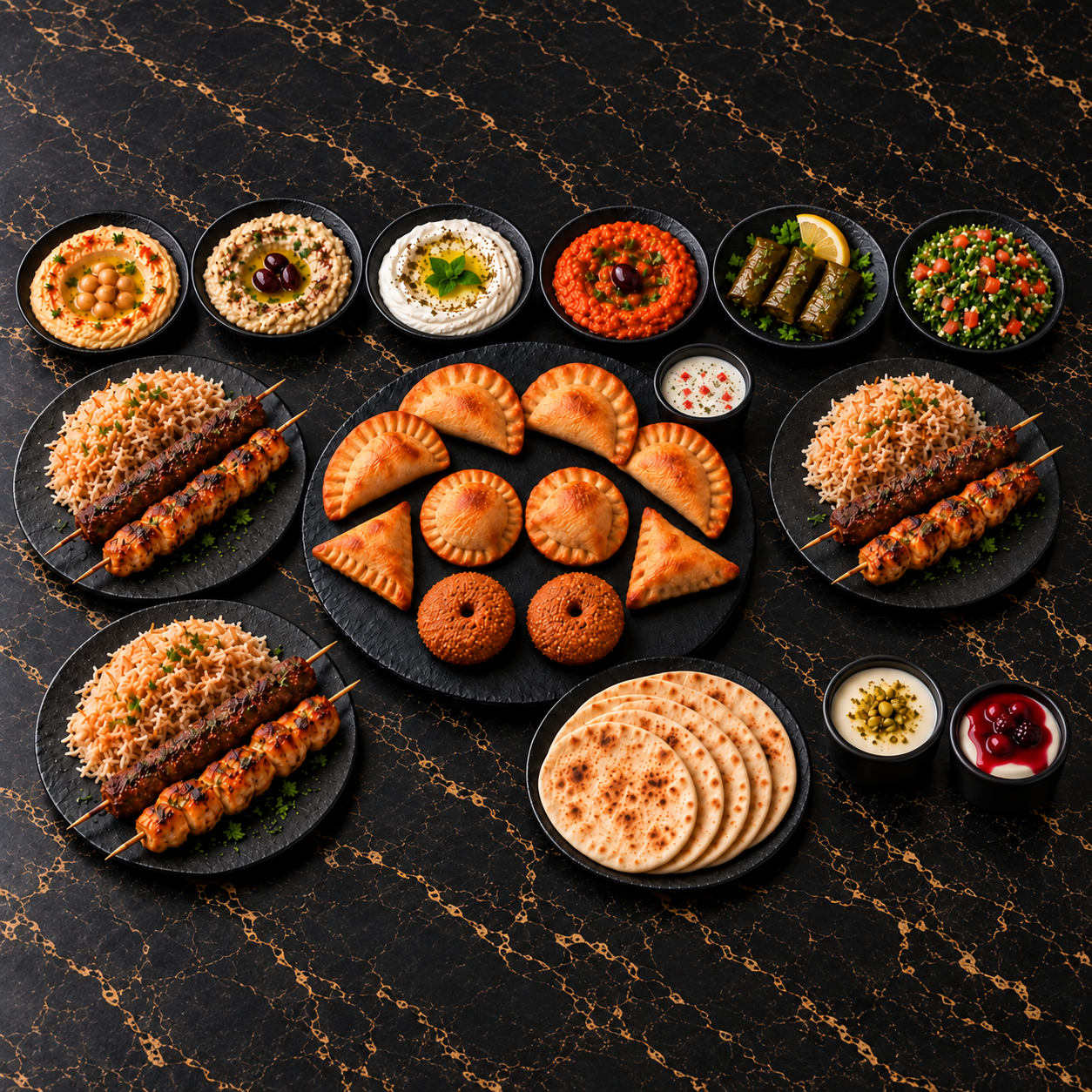 Menu Trio du chef avec mezzés, trois feuilles de vigne, brochettes et riz