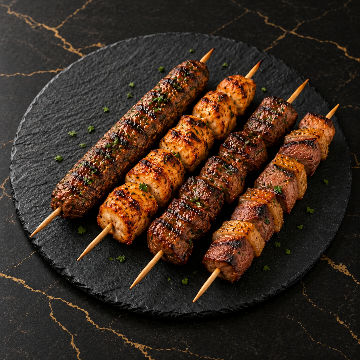 Quatre brochettes : kafta, poulet, agneau et canard, sans riz sur la photo
