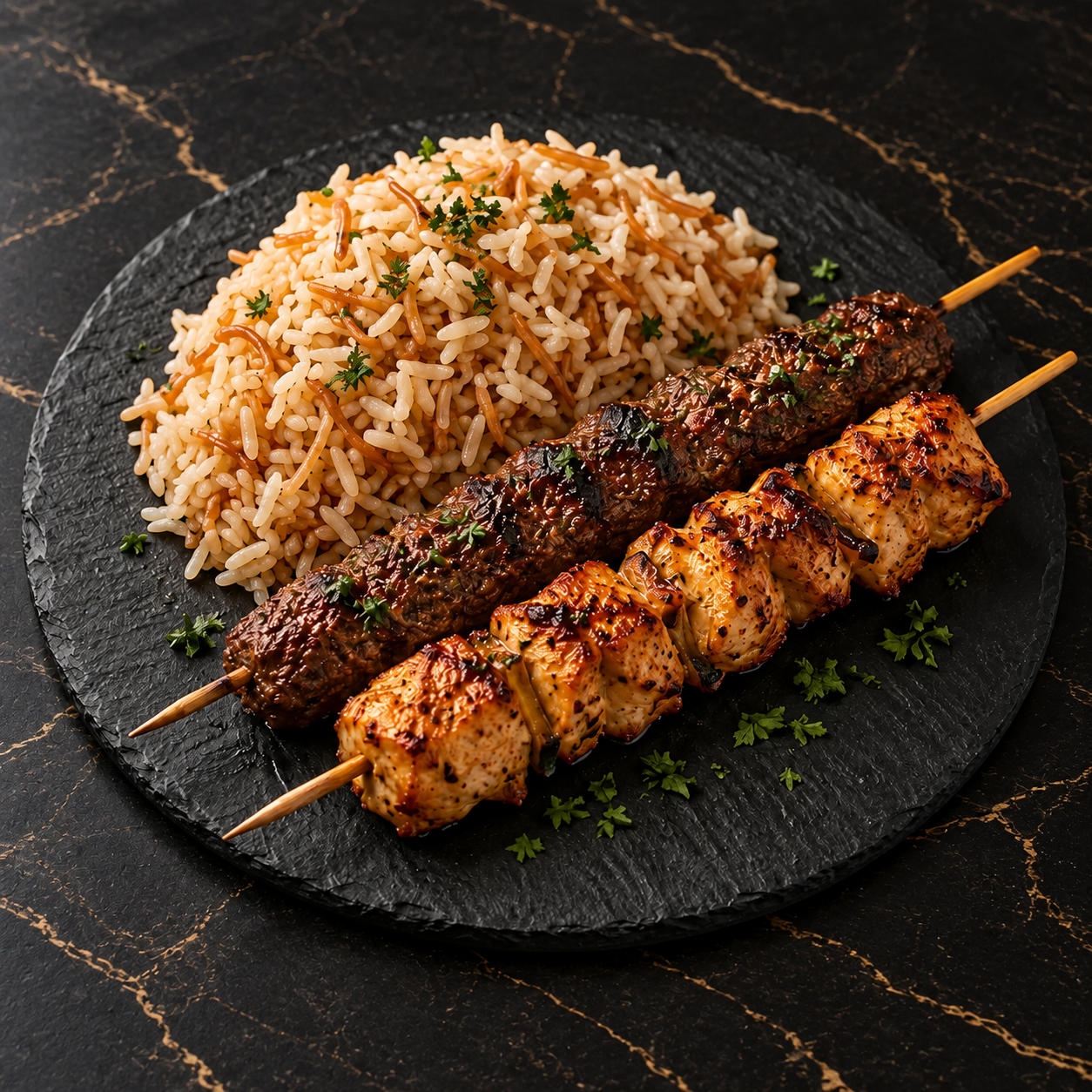 Une brochette de kafta et une de Chiche Taouk avec riz