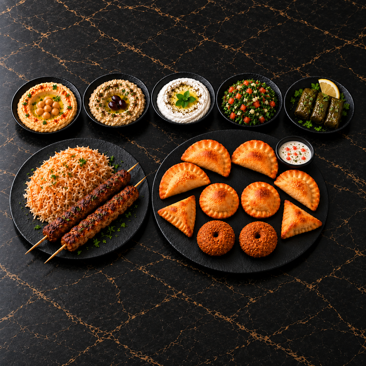 Menu Royal avec mezzés, trois feuilles de vigne, brochettes et riz