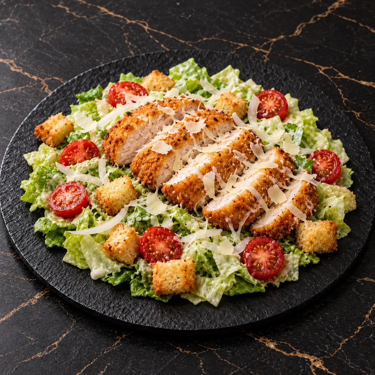 Salade César au poulet pané, tomates cerises, croûtons, oignons et parmesan, sans olives
