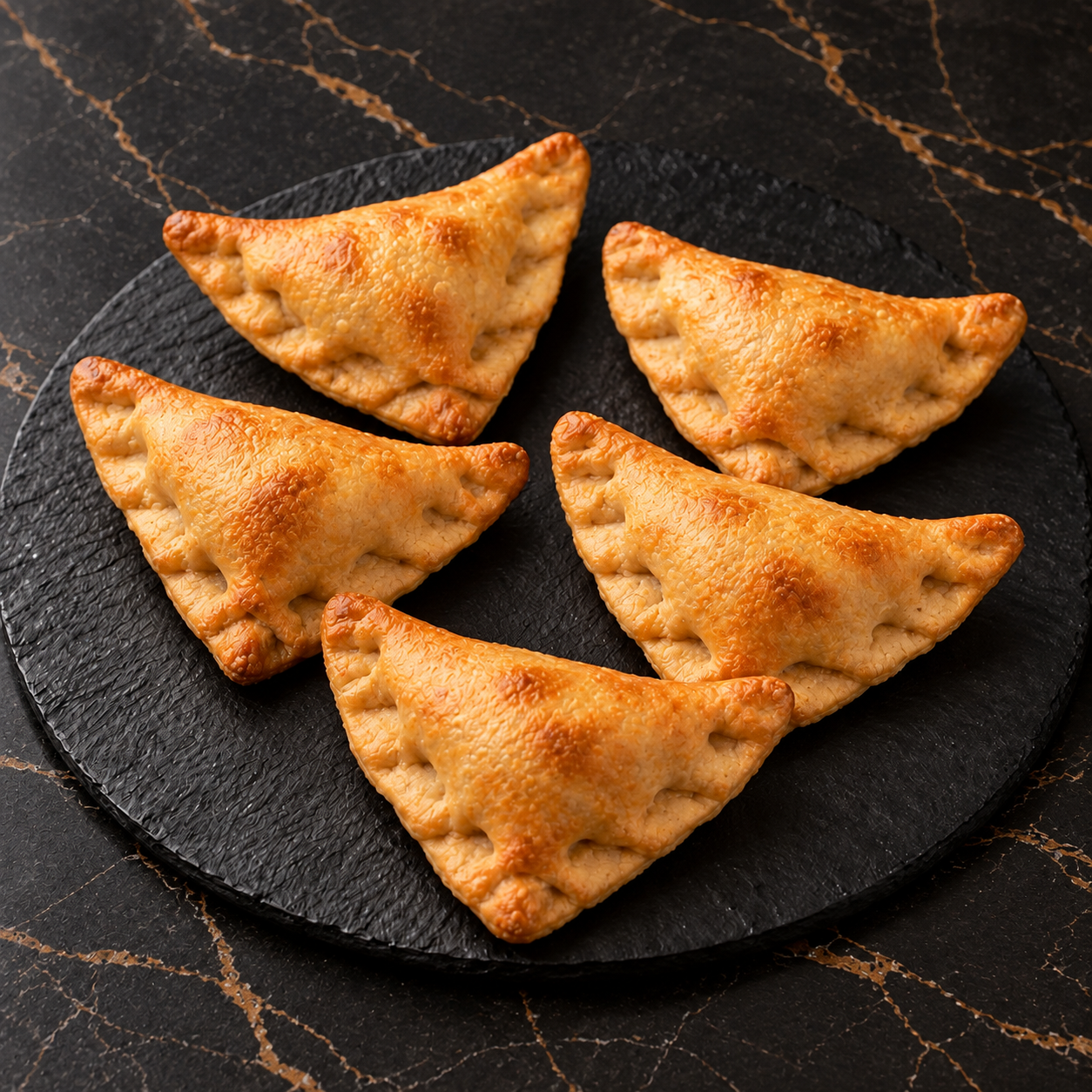 Cinq samboussik au poulet, triangulaires et fermés