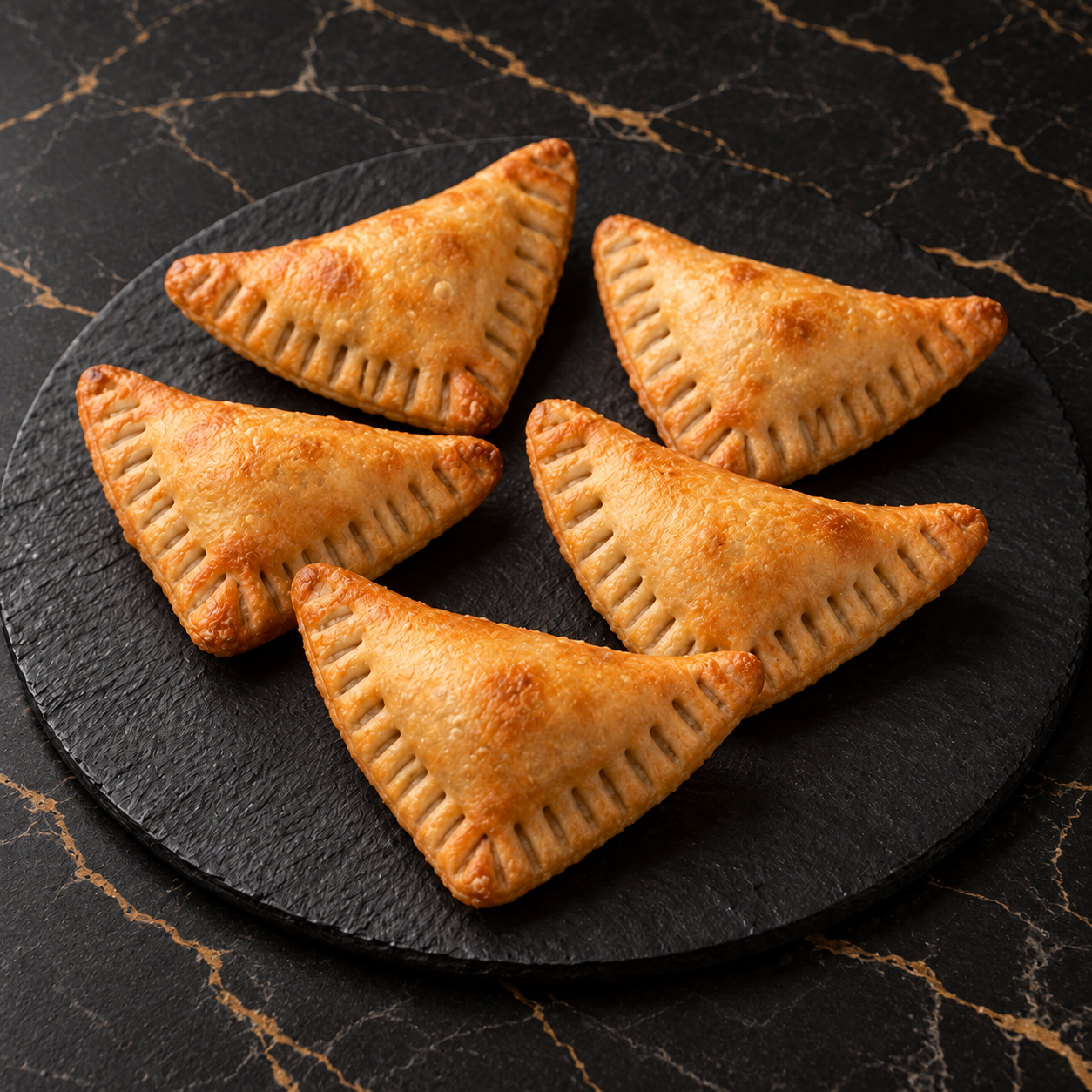 Cinq samboussik fromage-épinards, triangulaires avec bord marqué à la fourchette