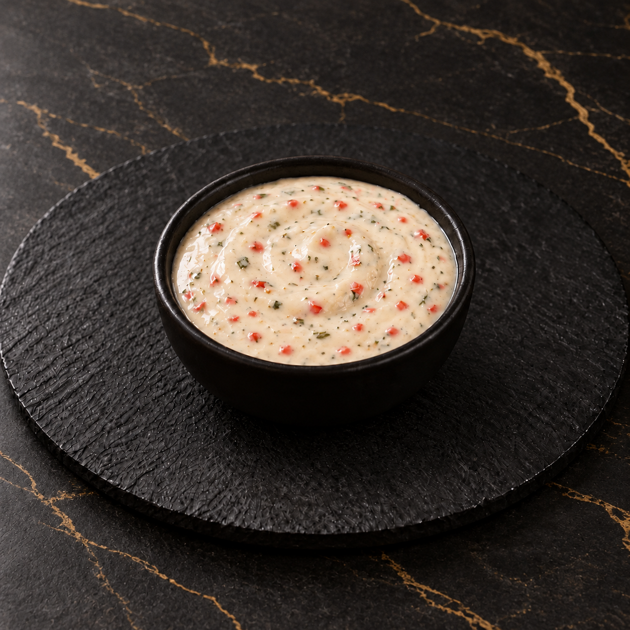 Sauce au tahini, tomates finement hachées et menthe séchée