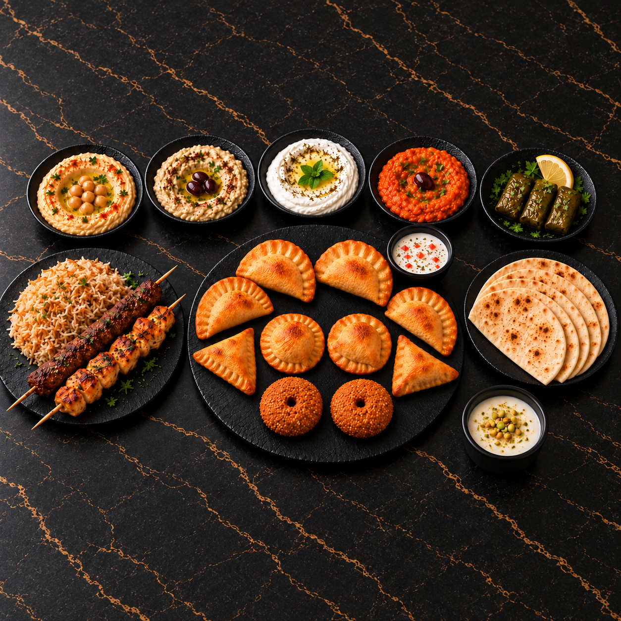 Menu Solo du chef avec mezzés, trois feuilles de vigne, brochettes et riz