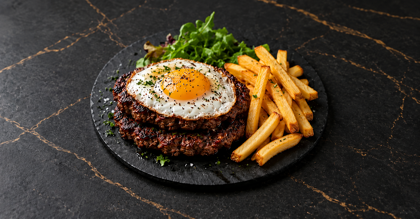 Deux steaks hachés avec un œuf au plat, des frites et de la salade verte