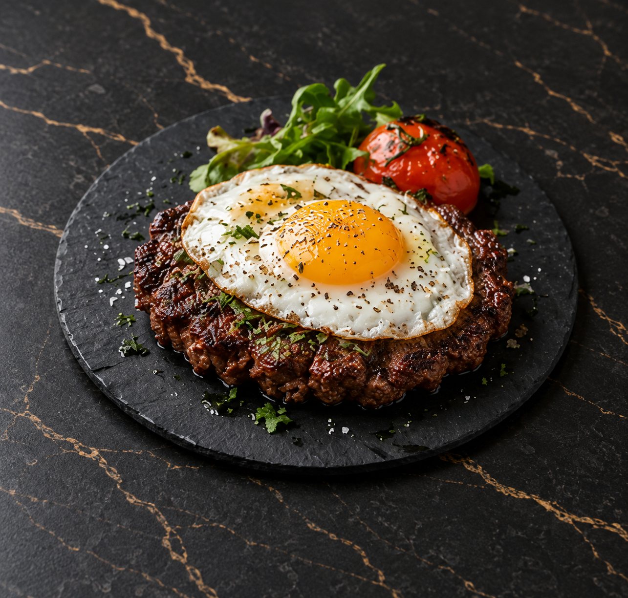 Steak haché surmonté d’un œuf au plat