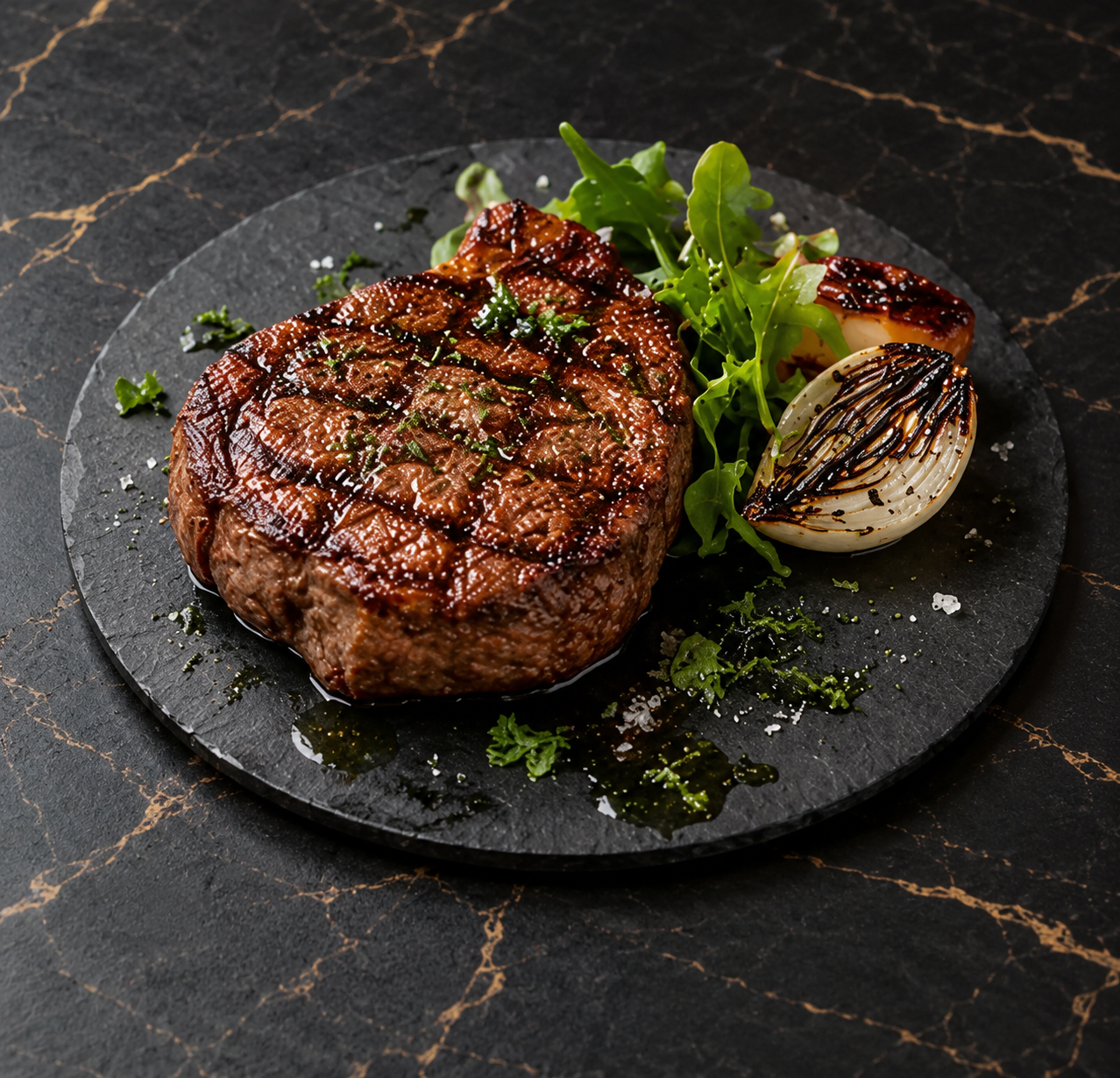 Filet de bœuf grillé sur une assiette noire