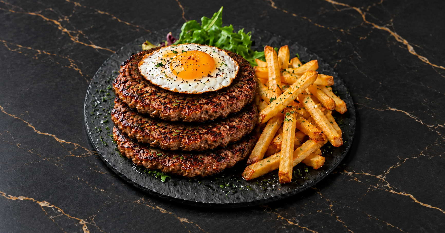 Trois grands steaks hachés de même taille avec un œuf au plat, des frites et de la salade verte