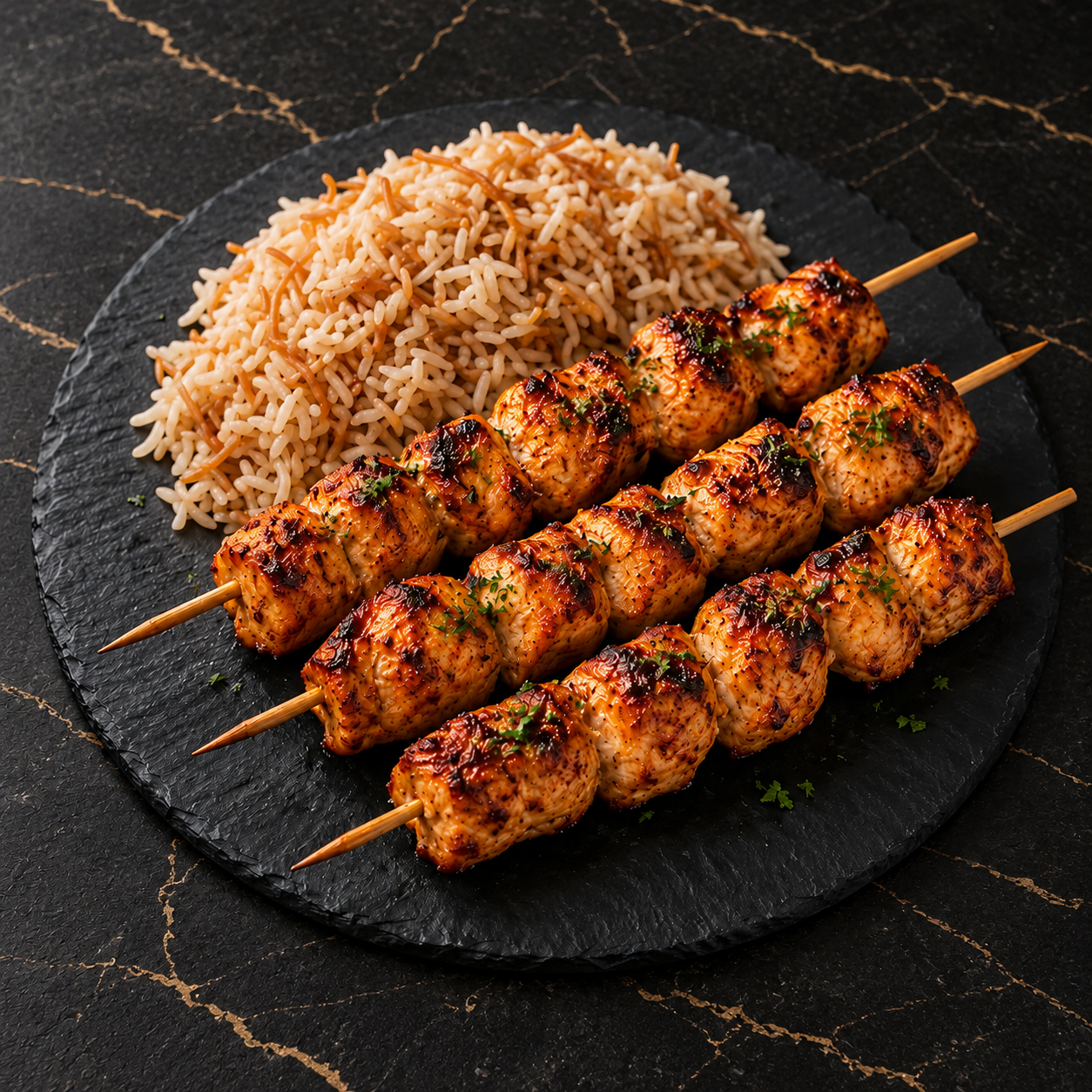 Trois brochettes de Chiche Taouk avec riz et coriandre