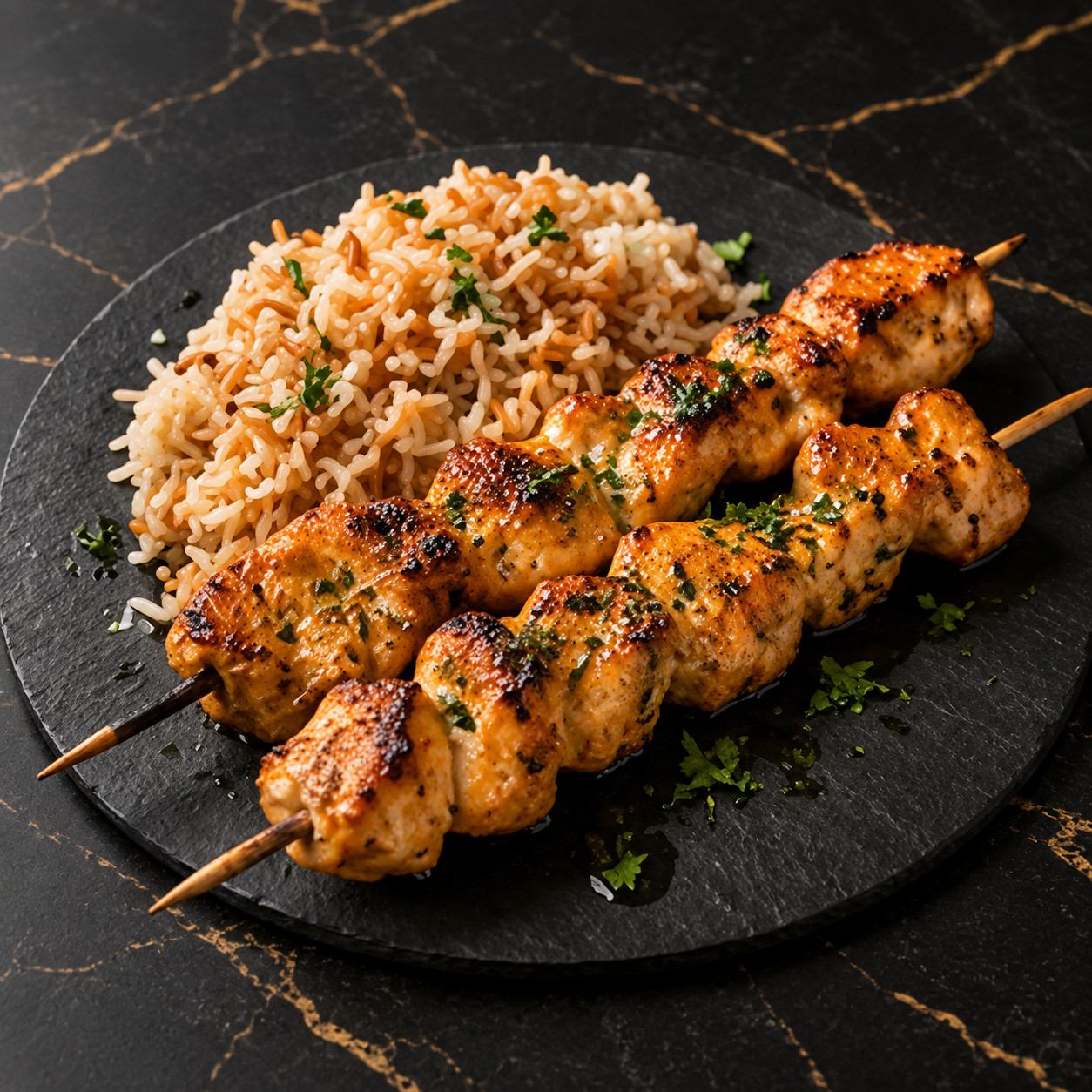 Deux brochettes de poulet Chiche Taouk accompagnées de riz vermicelles