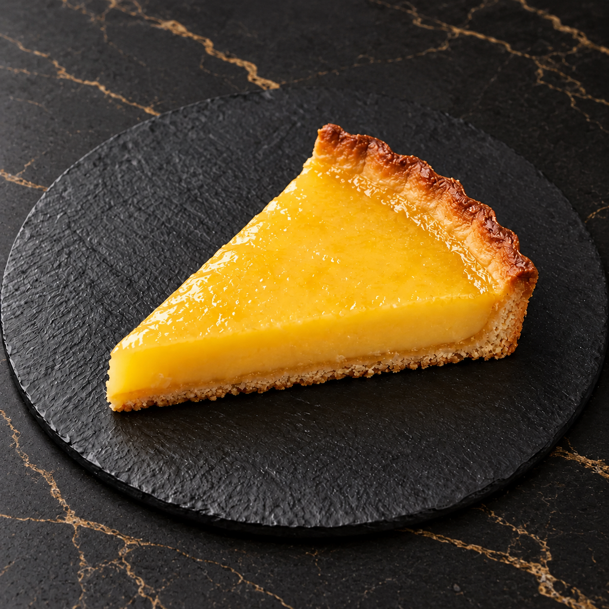 Une part de tarte au citron sur une ardoise noire