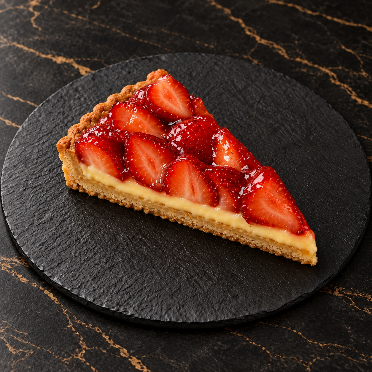 Une part de tarte aux fraises sur une ardoise noire